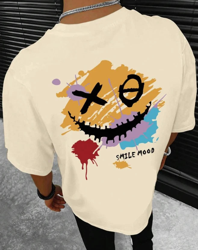 Camiseta Beige de Hombre Manga Corta Holgada Playeras Estampadas Pulover Urbano