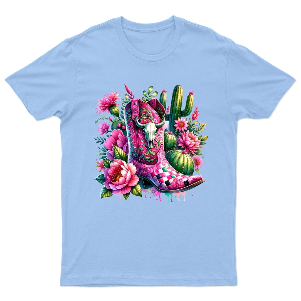 Pink Cowgirl Boot Western Fashion Mens T-Shirt Womens Tee Floral Graphic Top