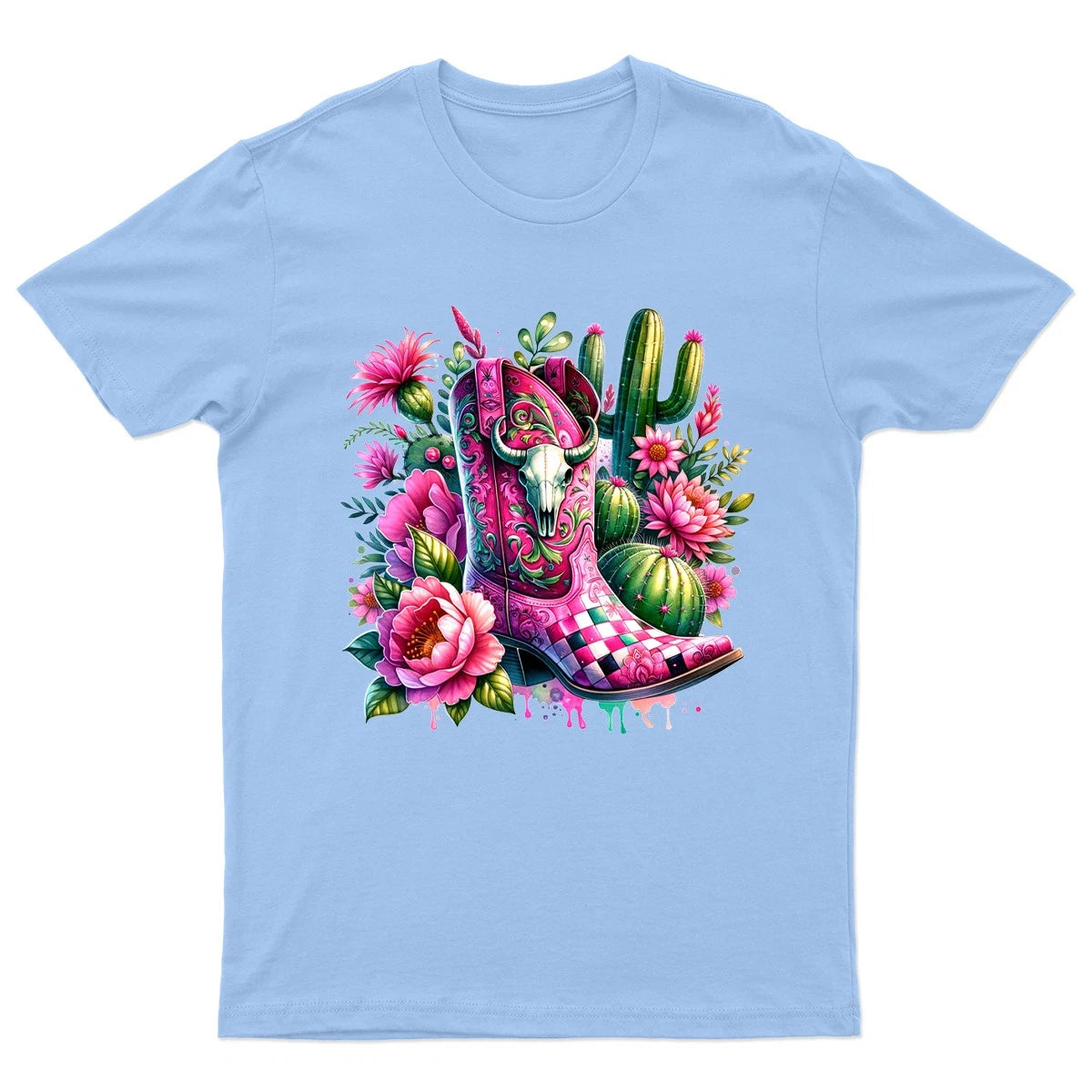 Pink Cowgirl Boot Western Fashion Mens T-Shirt Womens Tee Floral Graphic Top