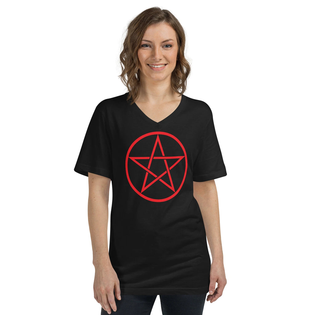 Red Goth Wiccan Woven Pentagram Unisex Short Sleeve V-Neck T-Shirt