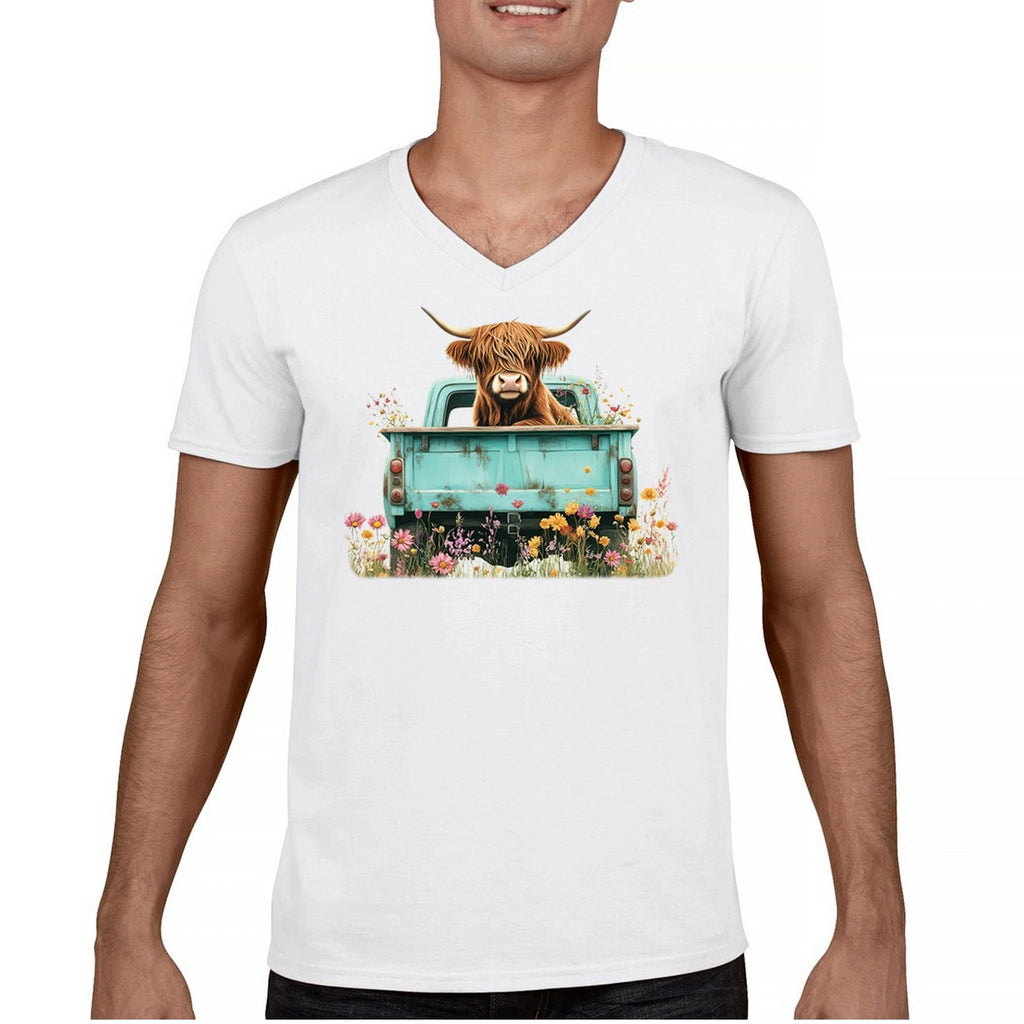 Highland Cow Truck Men's V-Neck T-shirt Farmhouse Country Cowgirl Ranch Boho