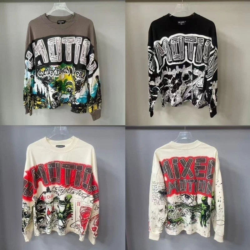 Mixed Emotion - American-style street retro print hip-hop long-sleeved T-shirt