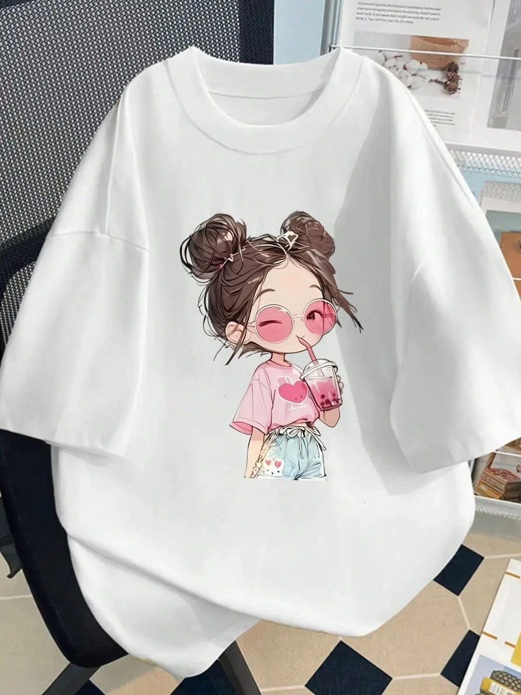 Cute Cartoon Girl T-Shirt  Kawaii Graphic Tee Oversize Casual
