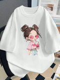 Cute Cartoon Girl T-Shirt  Kawaii Graphic Tee Oversize Casual