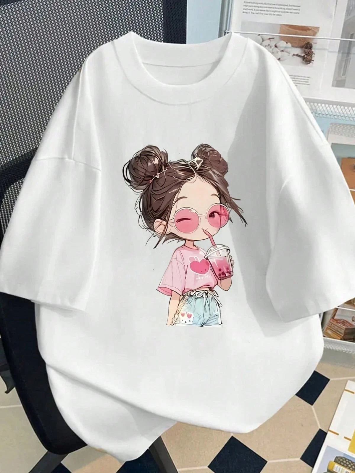 Cute Cartoon Girl T-Shirt  Kawaii Graphic Tee Oversize Casual