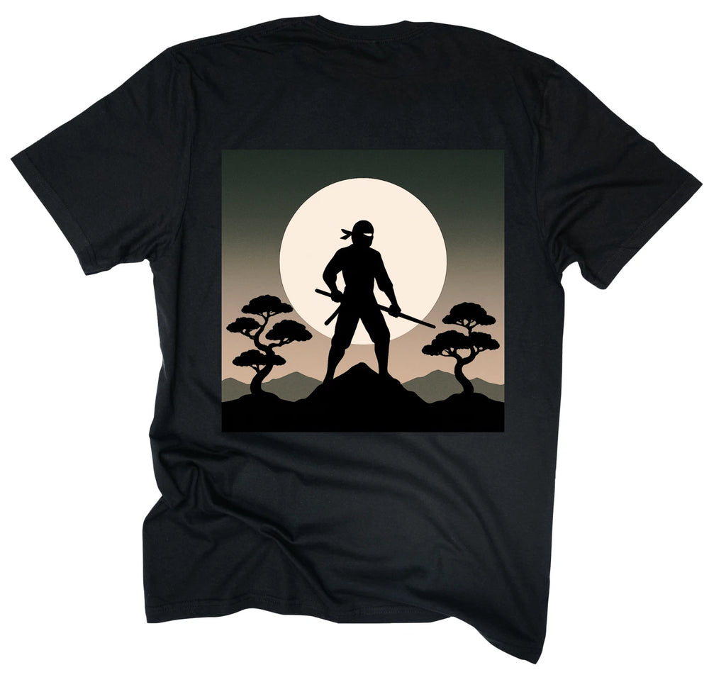 Ninja Warrior T-Shirt  Samurai Silhouette with Moon & Bonsai  Martial Arts Gift