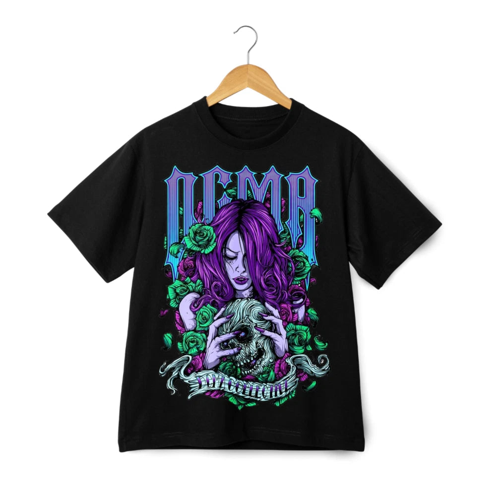 Demon Skull Gothic Girl Graphic T-Shirt Dark Art Streetwear Design Tee