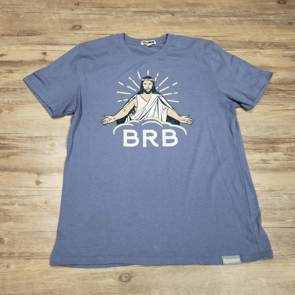 Tipsy Elves Shirt Mens Medium Blue Jesus BRB Graphic Tee Funny Religious Humor