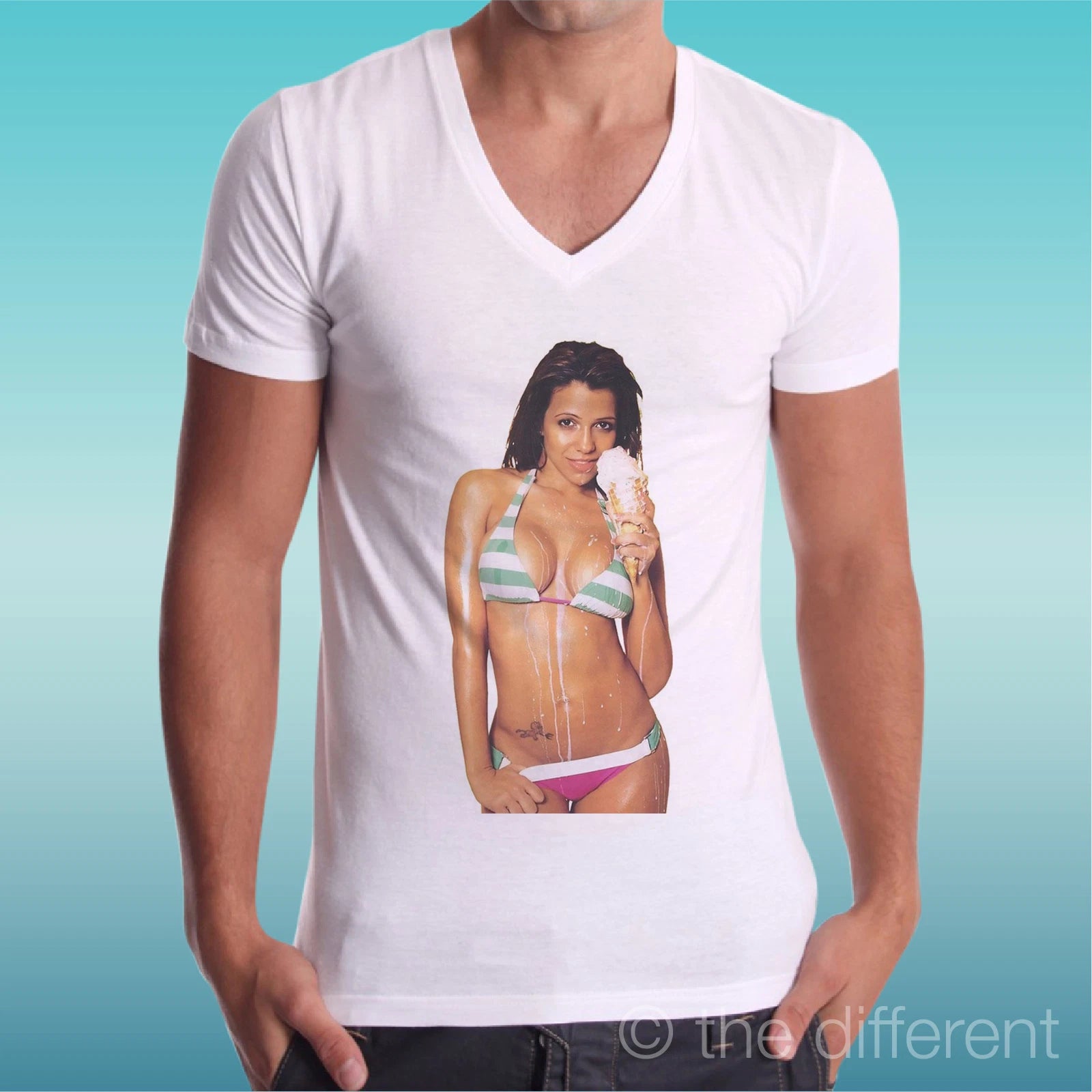 T-shirt White V Neck Jersey Sexy Girl Ice Cream Gift Idea