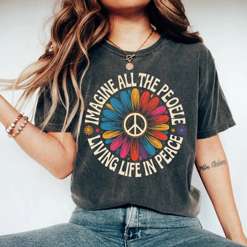 Imagine Peace T-Shirt | "Imagine All the People Living Life in Peace" | Floral D