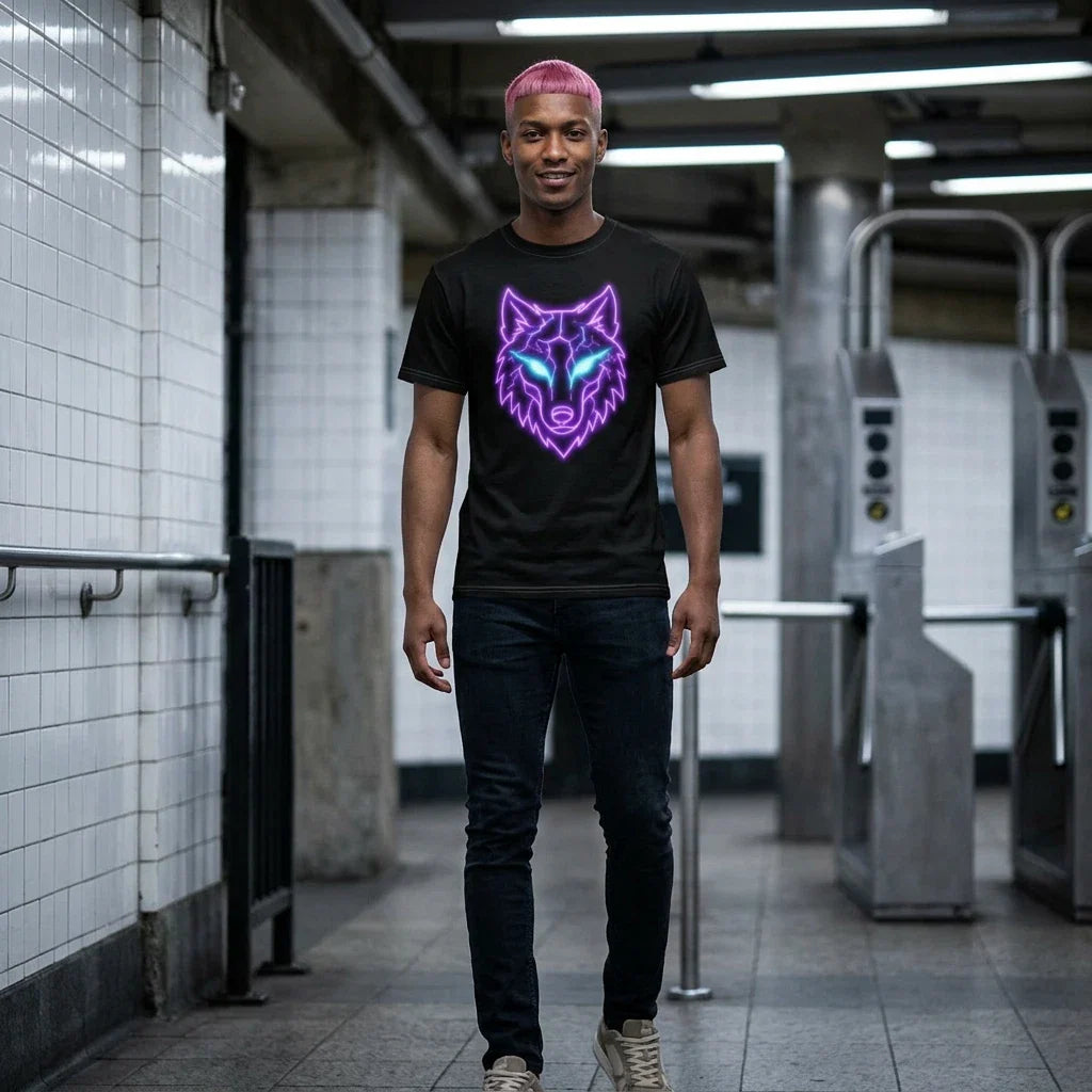 Neon Wolf Head Tee | Glowing Cyberpunk Wolf T-Shirt