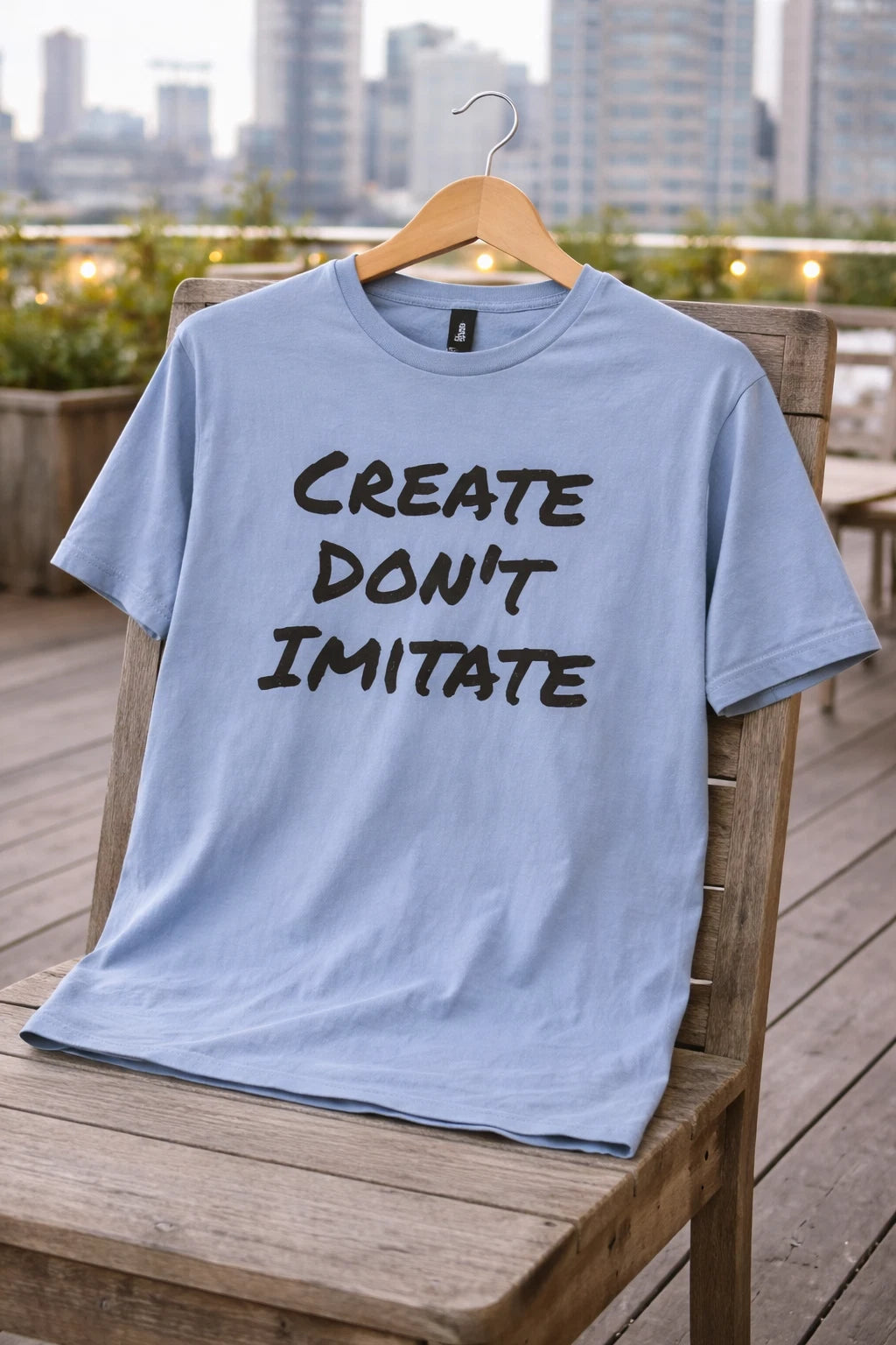 Create Don't Imitate  Unisex Softstyle T-Shirt - Size Small Blue/Black Lettering