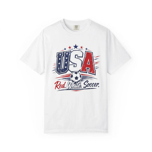 USA Red White Soccer Graphic T-Shirt Patriotic Fan Tee