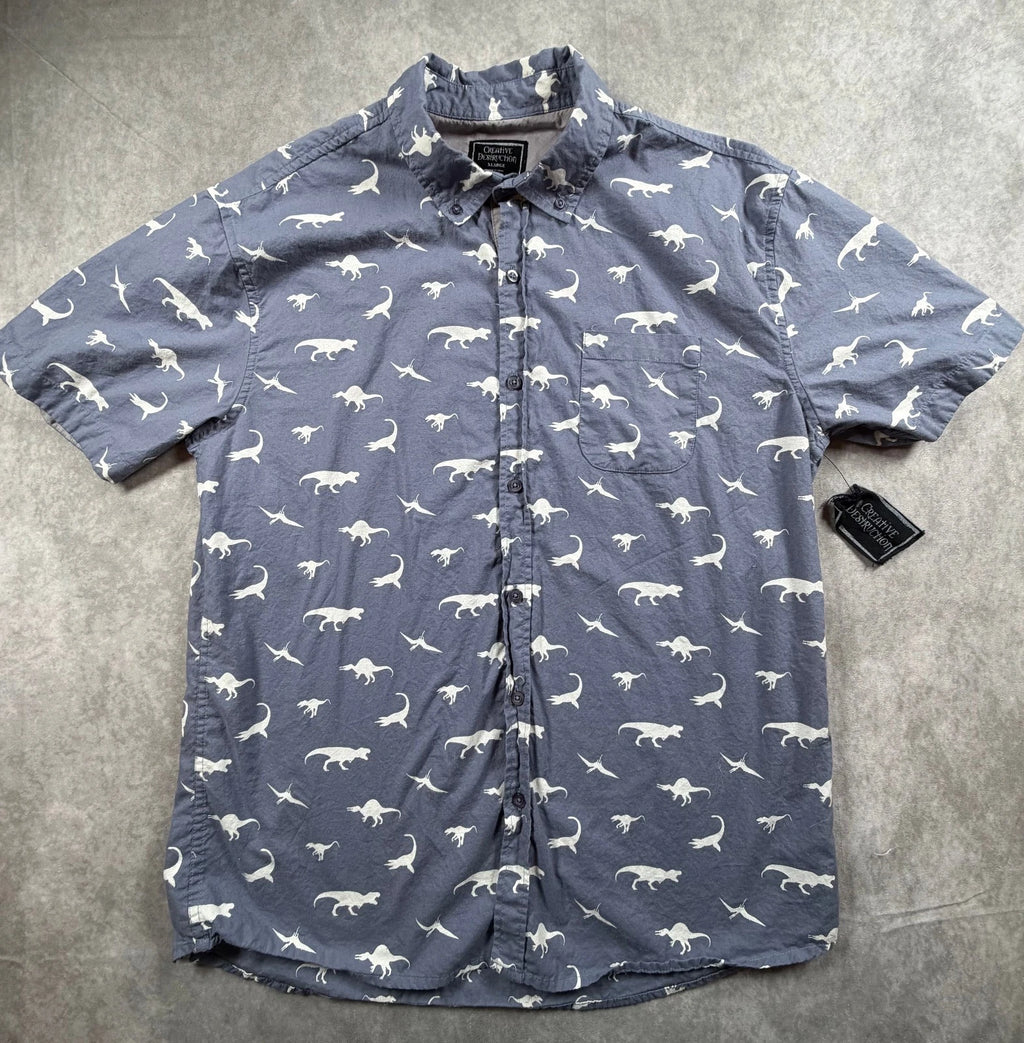 Creative Destruction Mens 100% Cotton Dino Print Shirt XL Blue