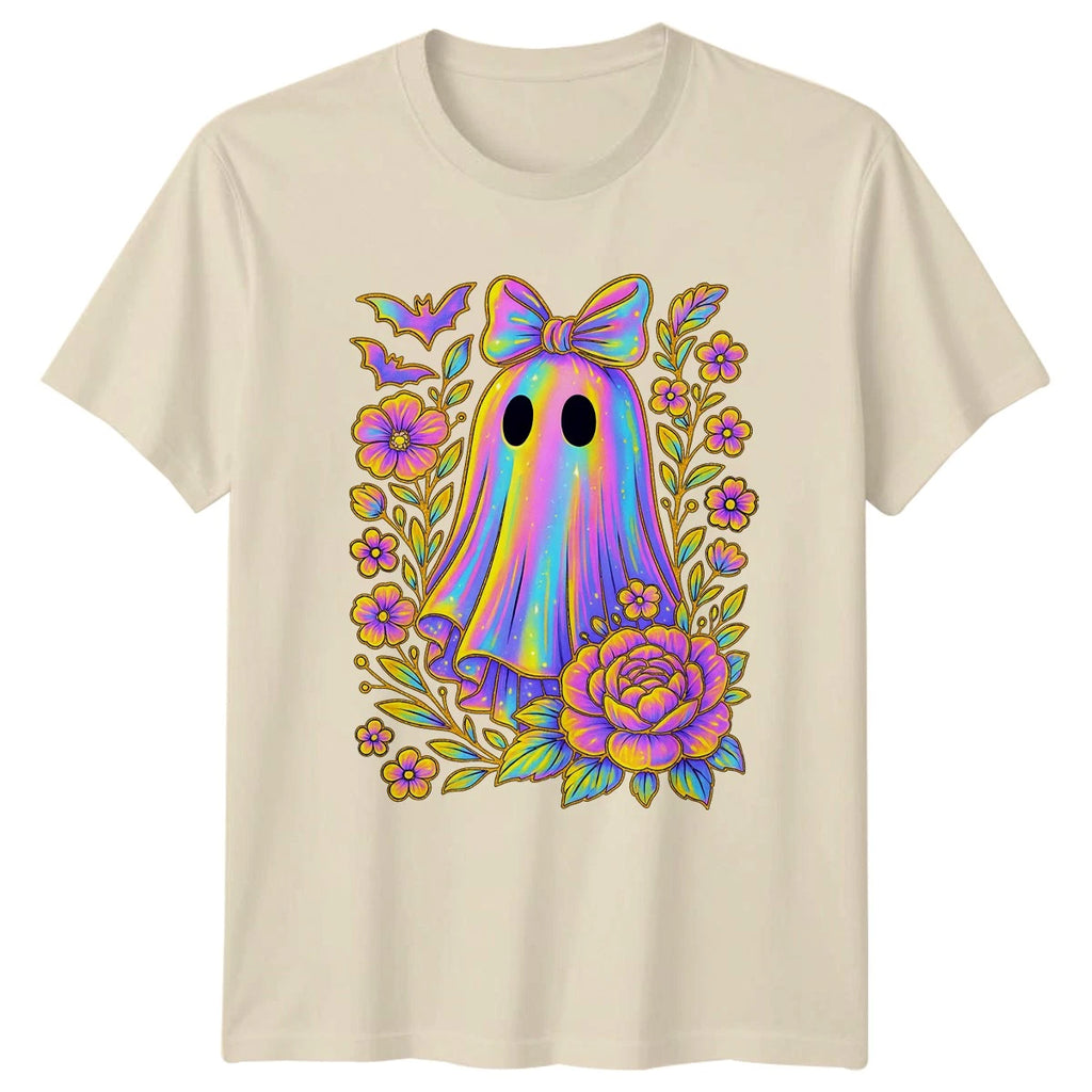 Cute Iridescent Ghost Floral Bat Womens T-Shirt Halloween Gift For Her