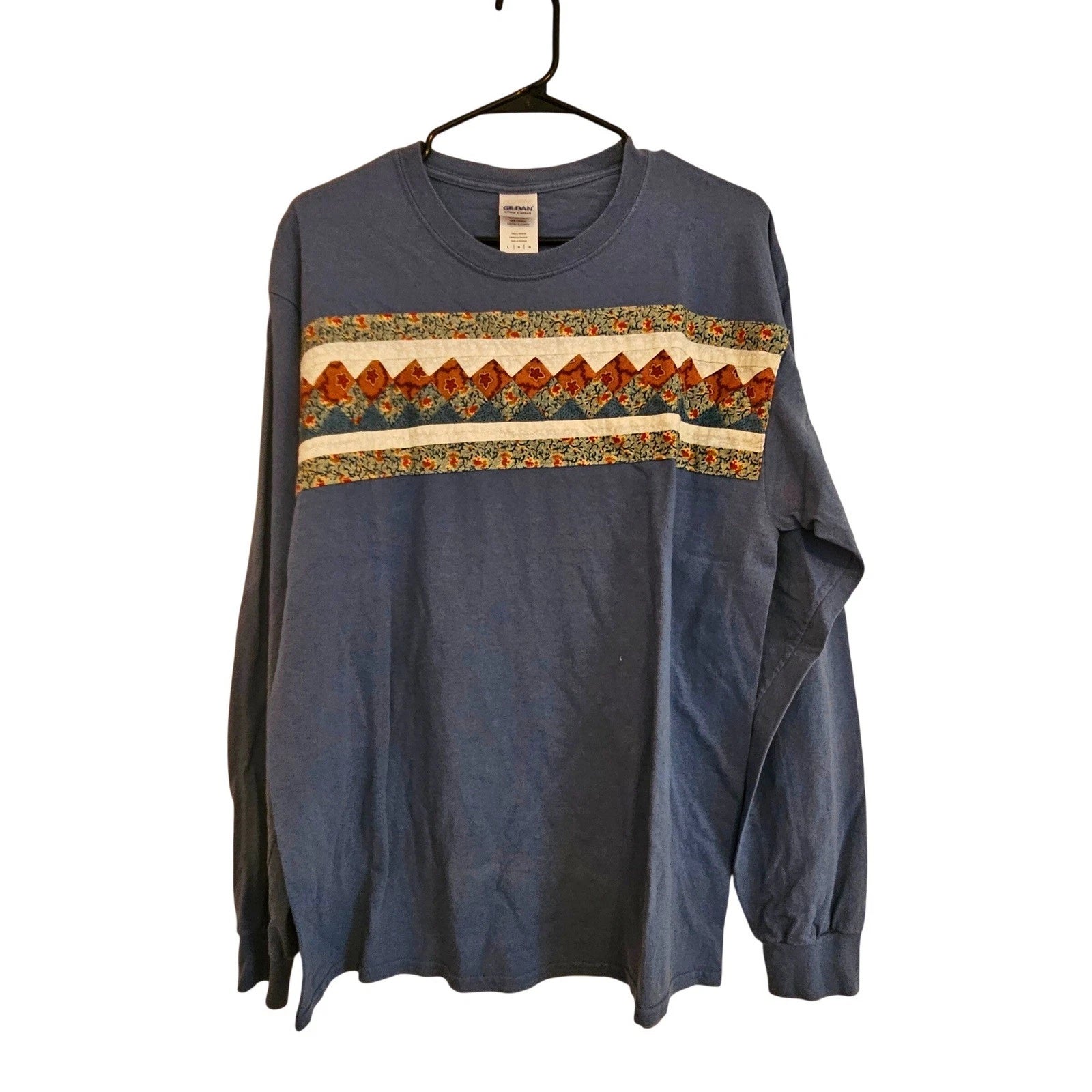 Gildan Ultra Cotton Long Sleeve T Shirt Blue Graphic Patchwork Boho Size L