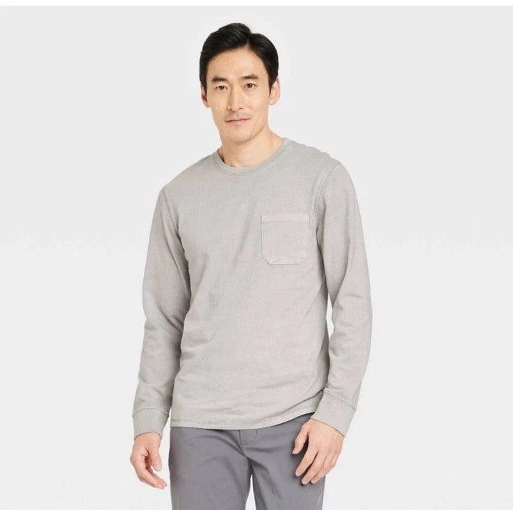 NEW LONG SLEEVE Crew Neck POCKET T-Shirt Standard Fit FADED BLUE or GRAY sizes