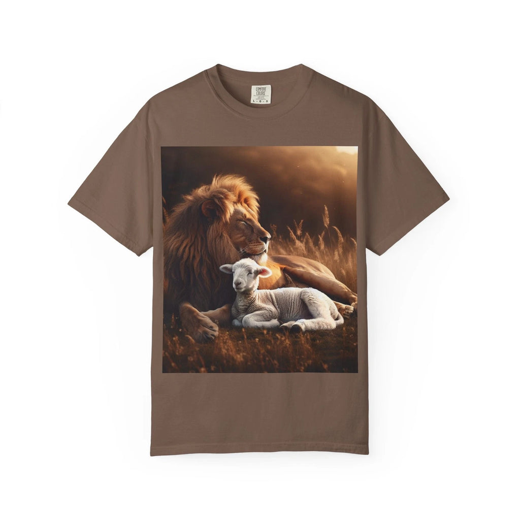 Unisex Garment-Dyed T-shirt, Beautiful, Scriptural-Lion laying with a Lamb.