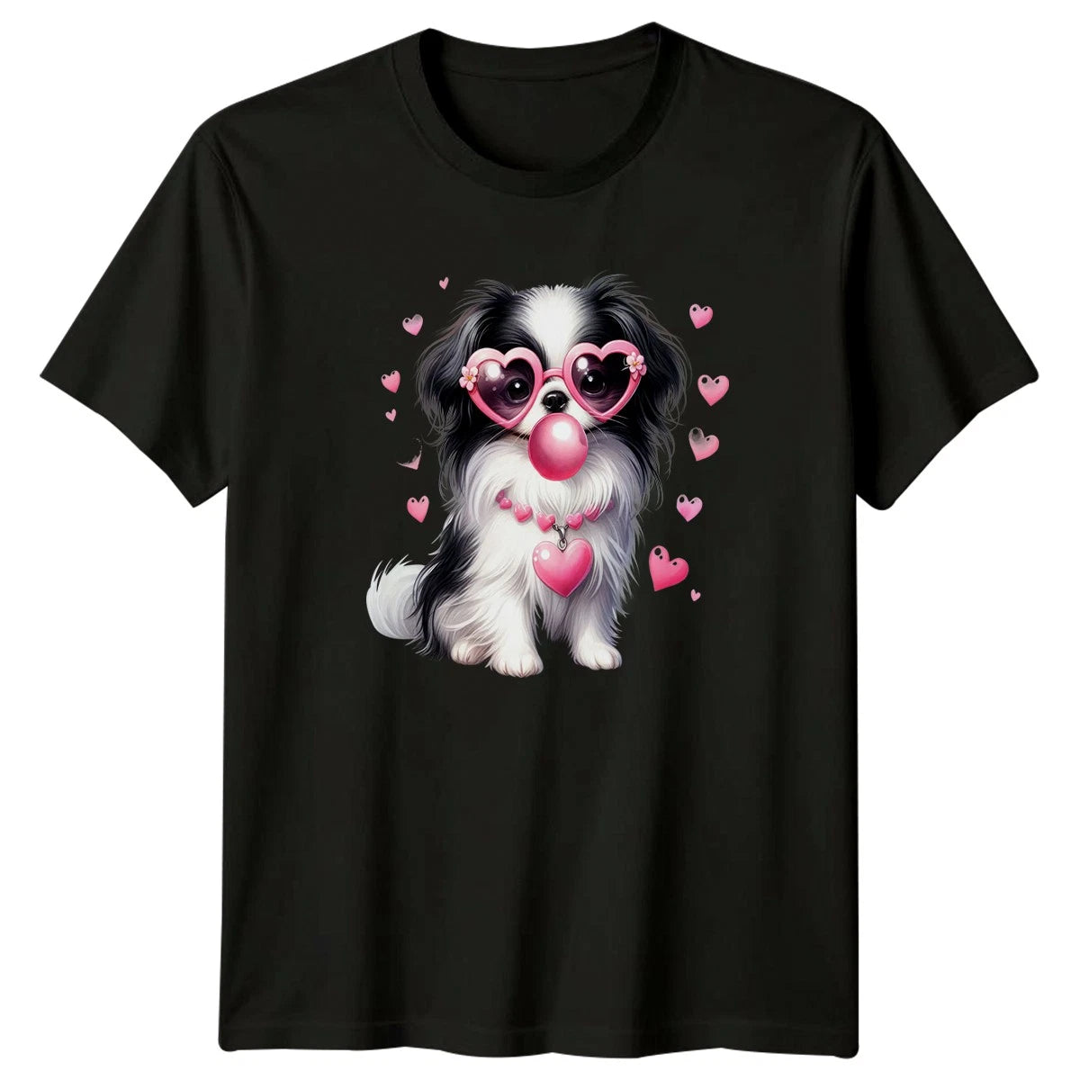 Playful Dog Bubblegum Hearts Sunglasses Dogs Animals Mens T-Shirt Womens Tee