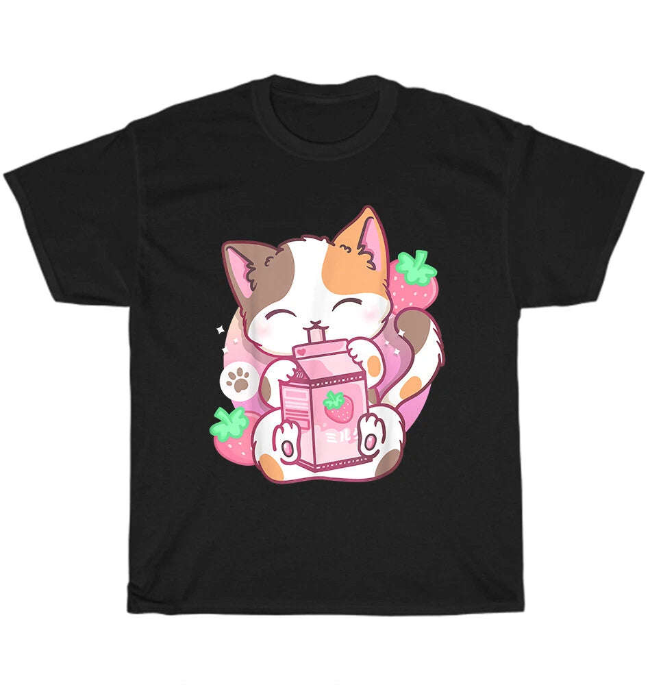 Strawberry Shake Strawberry Milk Cat Kawaii Neko Anime Kitten Pet Lover T-Shirt