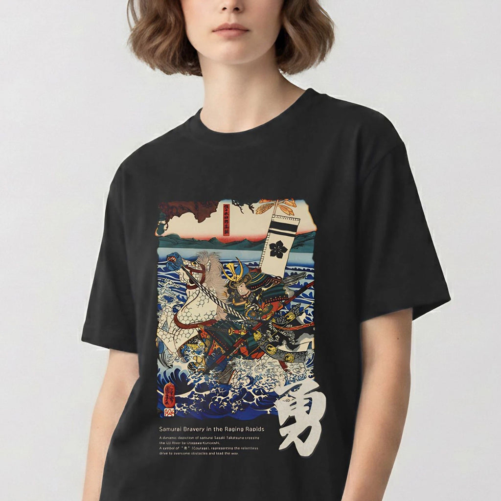 Japanese Samurai T-Shirt Ukiyo-e Art "ISAMU" Bravery Kanji Tee Utagawa Kuniyoshi