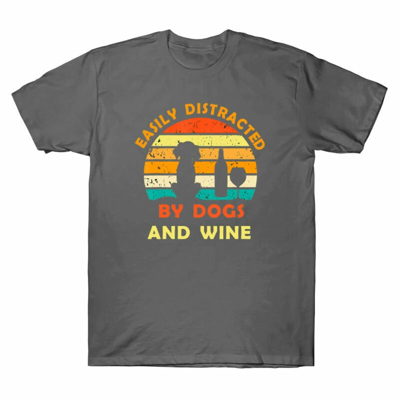 By Distracted And Funny Tee Wine Men's Short T-Shirt Sleeve Dogs Easily