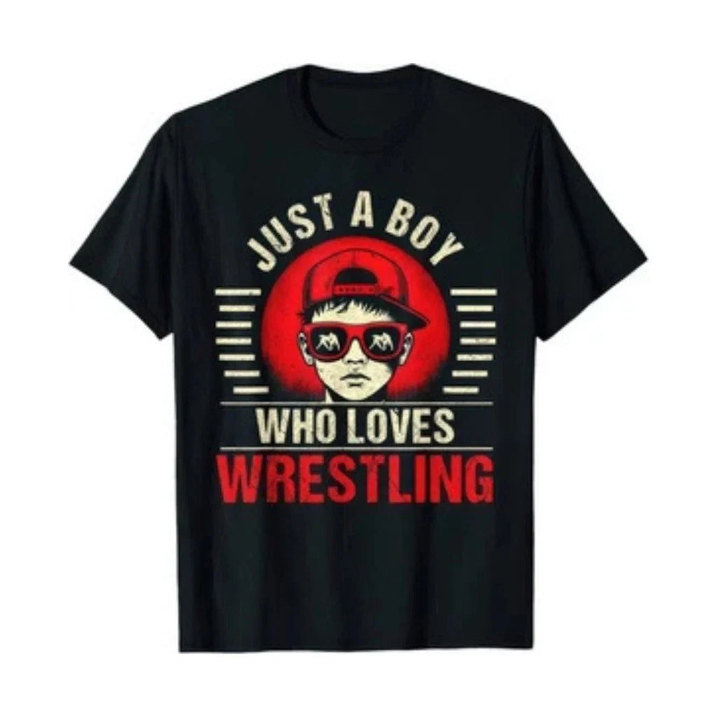 Just A Boy Who Loves Wrestling T-Shirt Funny Graphic Tee Mens Black Cotton UK