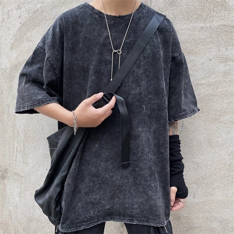 Men Women Loose Frayed Shirt Distressed Short Sleeve Tops Tee Gothic Black