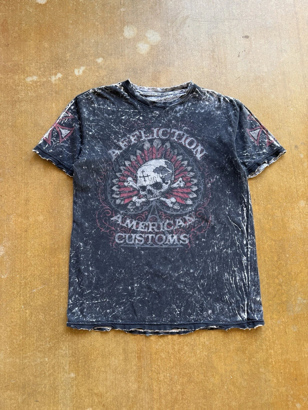 VTG Y2K Affliction MMA American Customs Skull All Over Print Skater T-Shirt M