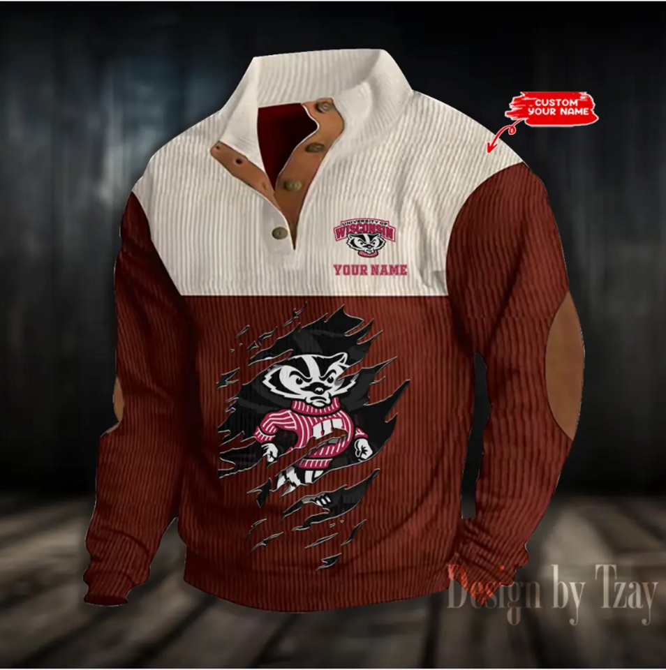 Wisconsin Basketball College Team Corduroy Stand Collar Sweatshirt