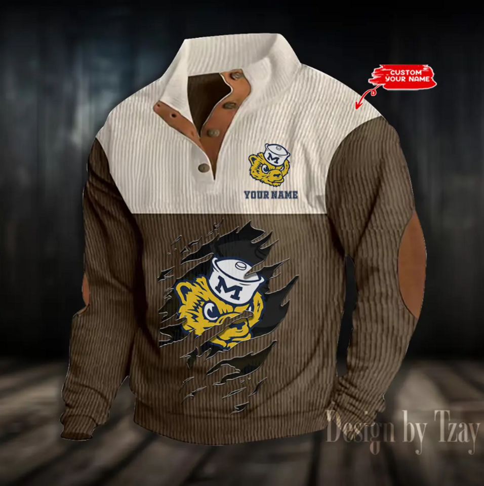 Wolverines Basketball College Team Corduroy Stand Collar Sweatshirt