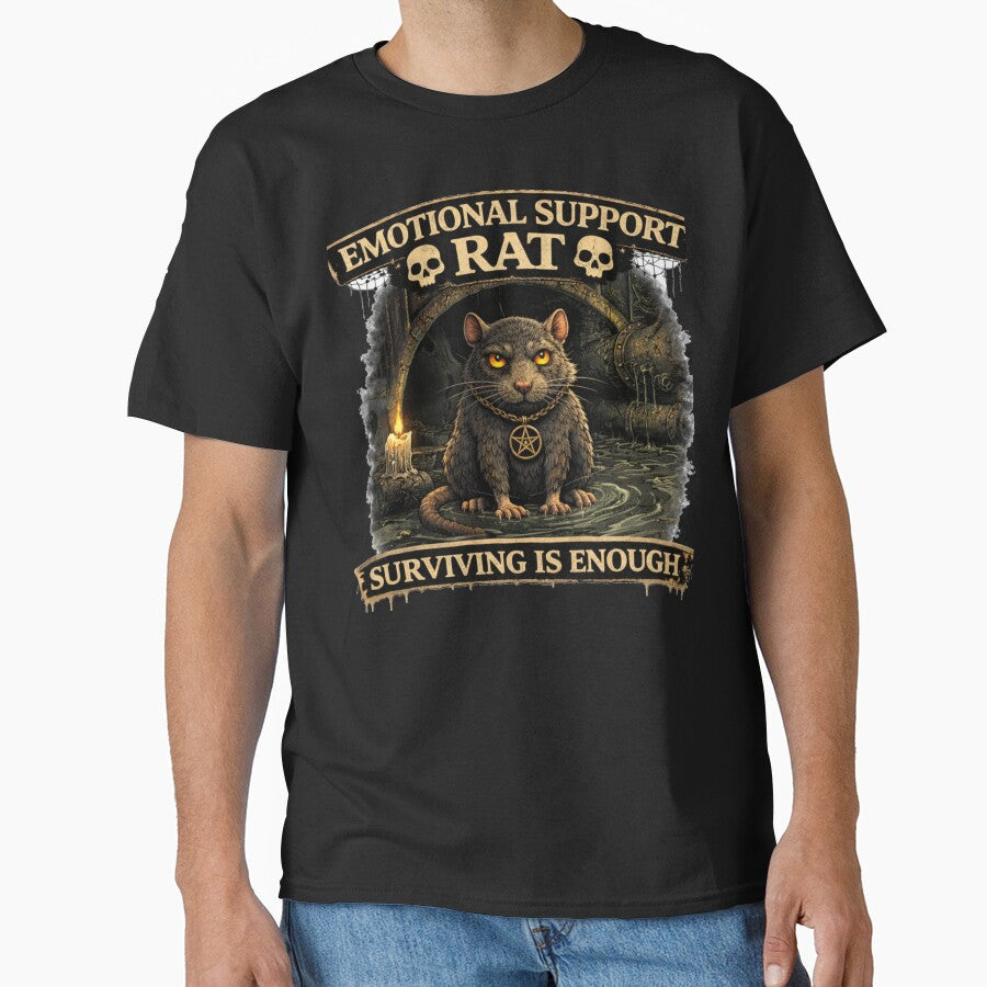 Emotional Support Rat – Surviving Is Enough Dark Gothic Rat T-Shirt by MoodMinistry