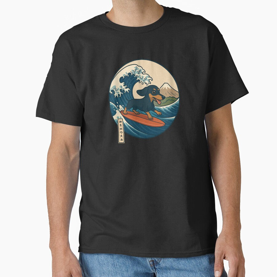 Funny Dachshund Japanese Kanagawa Wave Japan Surfing Mom Dad Kids by rafaeltto