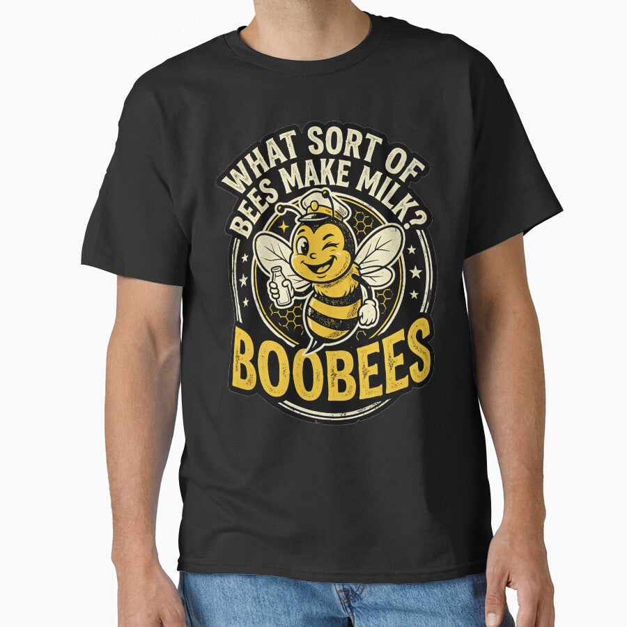 What sort of bees make milk? Boobees! Funny retro bee dad joke by KHWD