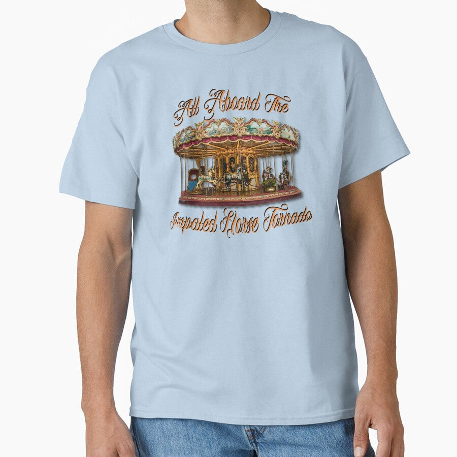 All Aboard The Impaled Horse Tornado Carousel Dark Humor Logo by IronicBGear