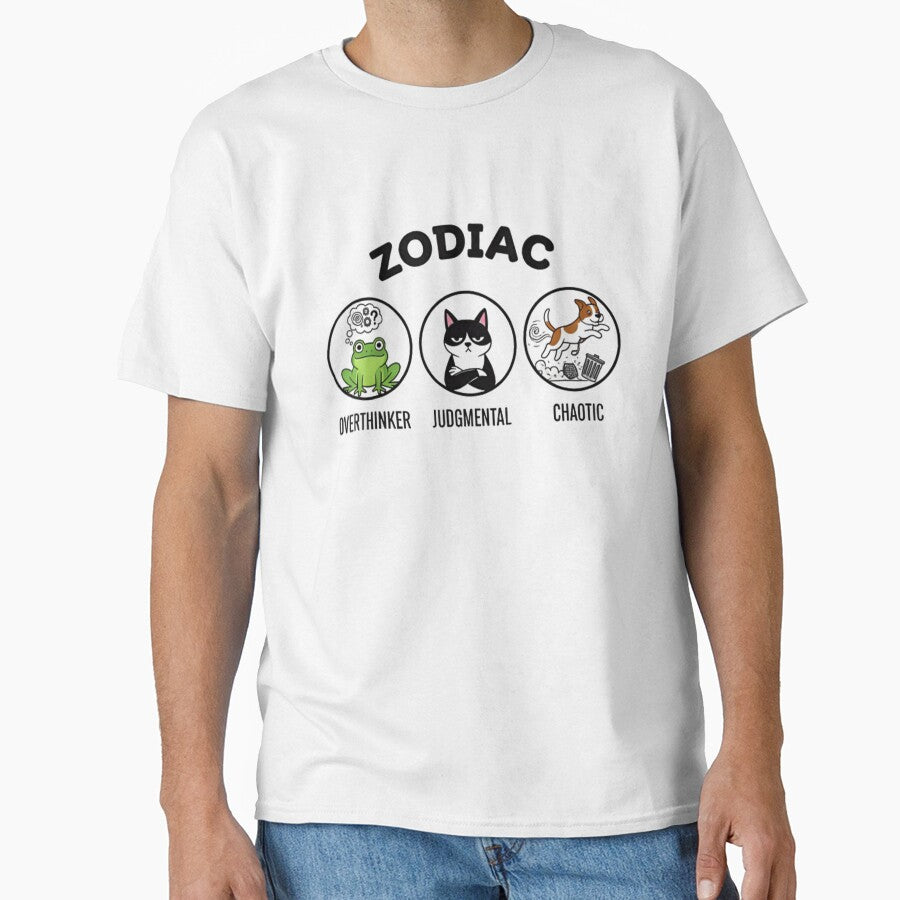 Animals as Zodiac Meme Shirt – Chaotic Dog, Judgmental Cat, Overthinking Frog by ZyxDes