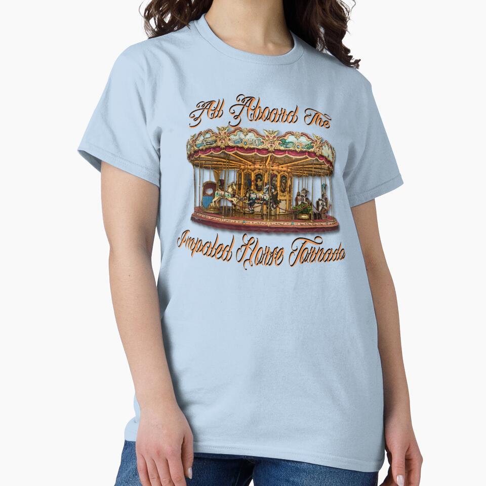 All Aboard The Impaled Horse Tornado Carousel Dark Humor Logo by IronicBGear