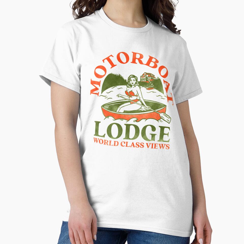 Motorboat Lodge: World Class Views. Funny Retro Pin Up Girl In A Canoe Shirt Design by The Whiskey Ginger Design Shop