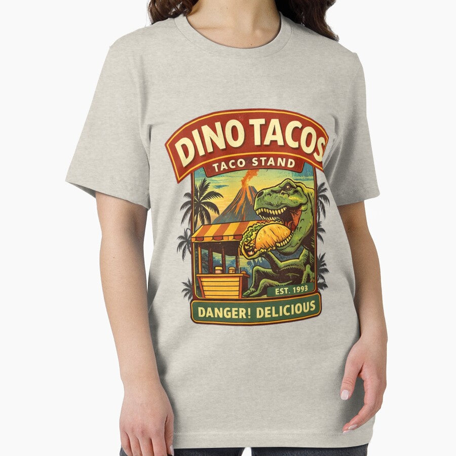 Dino Tacos Vintage Taco Stand Logo Funny Dinosaur Taco Shirt by GhostDawgs