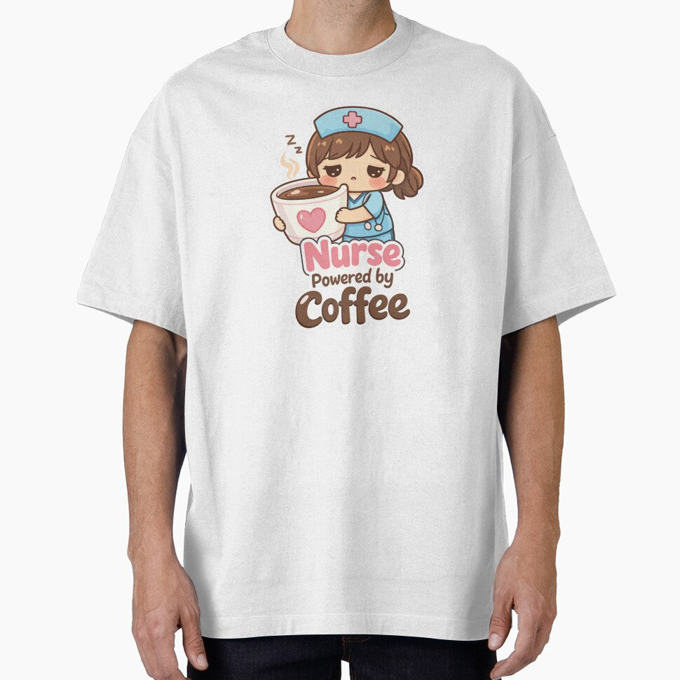 Tired Nurse Powered by Coffee - Cute Chibi Healthcare Illustration with Steaming Mug by shemodas