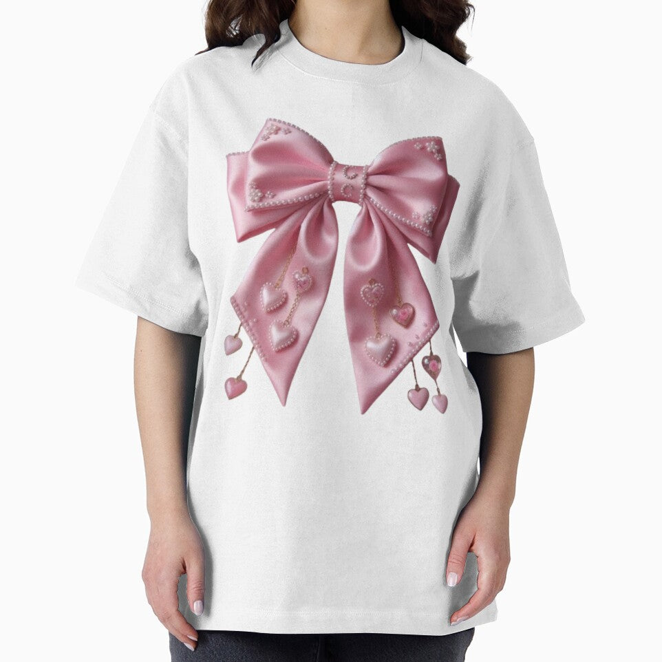 Large elegant pink satin coquette bow with tiny pearls and dangling hearts, soft girl aesthetic by polo-designs