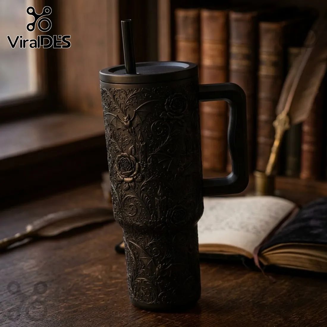 Matte Black Halloween Bat Floral 40oz Tumbler
