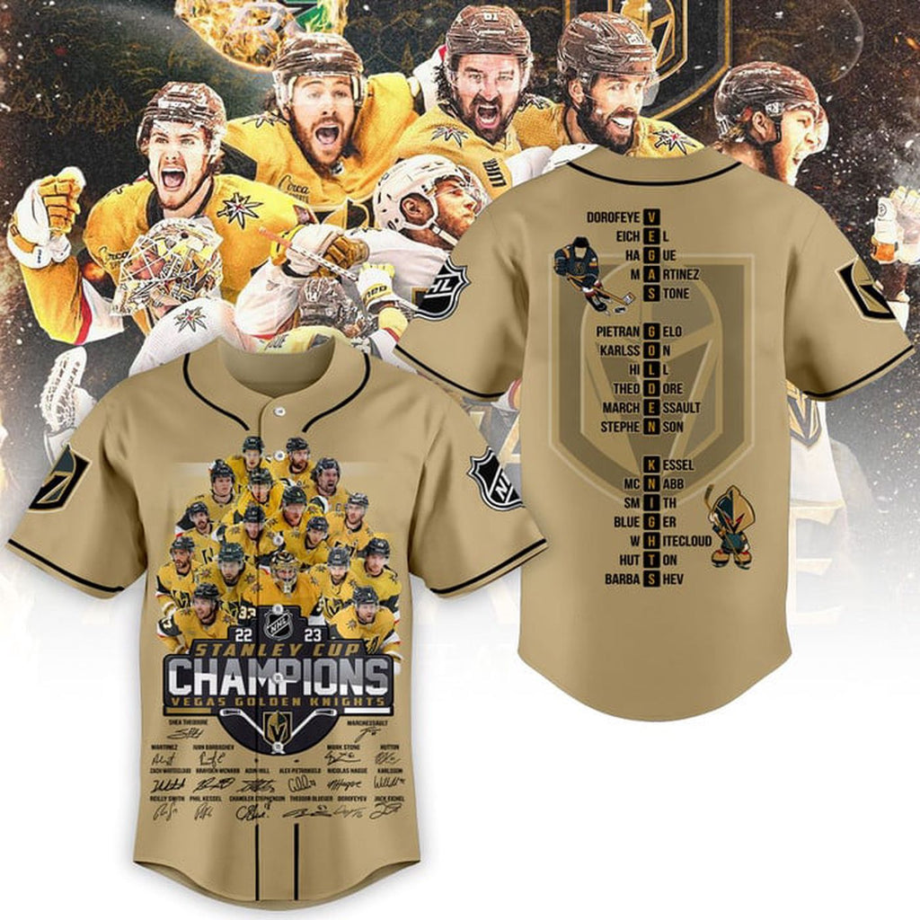Vegas Golden Knights Stanley Cup Champions 2023 Gold Baseball Jersey Gift for Men Women - Bafud