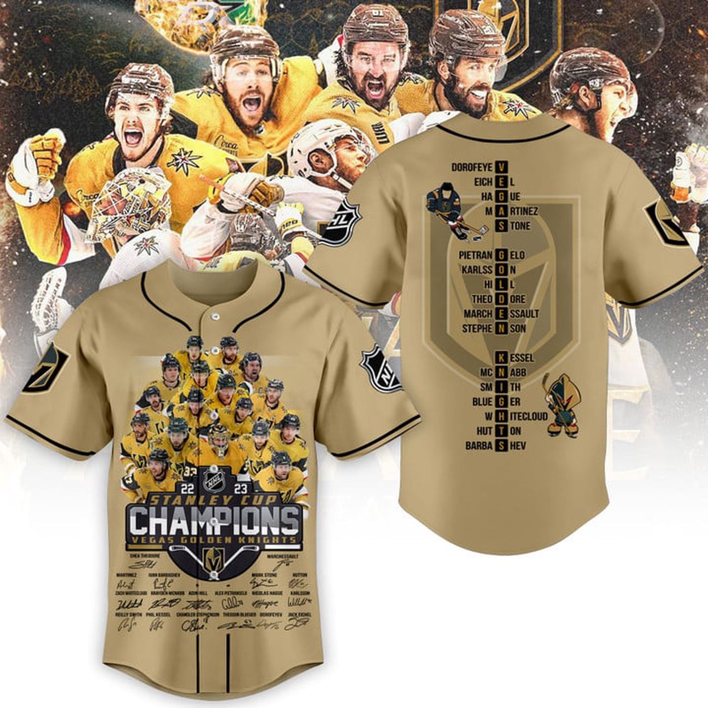Vegas Golden Knights Stanley Cup Champions 2023 Gold Baseball Jersey Gift for Men Women - Bafud